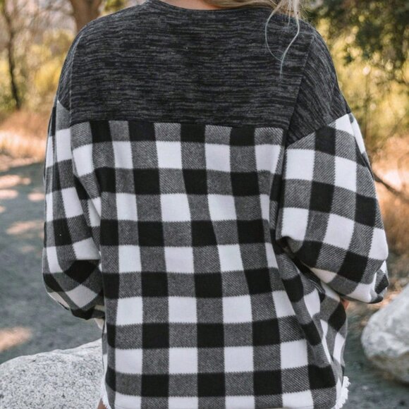 Black and White Casual Womens Buffalo Plaid Print Drop Shoulder Sweatshirt - Picture 2 of 4